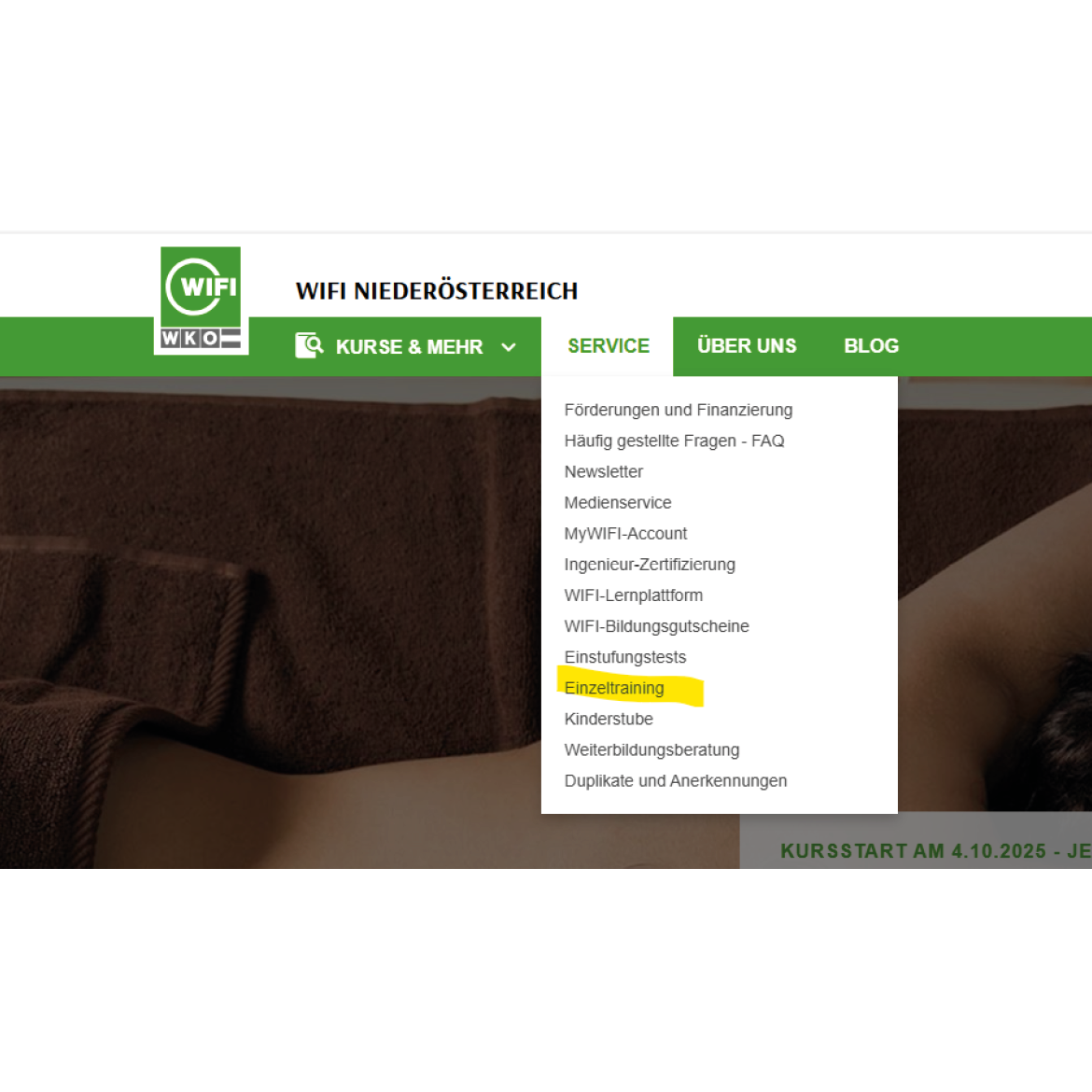 WIFI Website mit Markierung, unter welchem Reiter zu suchen ist.