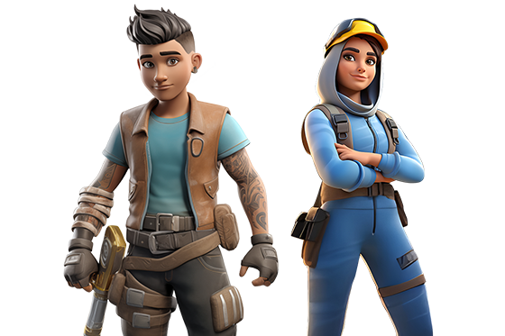 Cartoons eines jungen Mannes und einer Frau in Futuristischer Arbeitskleidung.